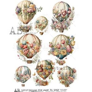 AB Studio, Shabby Chic, Printemps, Fleurs, Montgolfières, Roses roses, 6463, A4, 8,27 x 11,69 pouces, Papier de riz, Serviettage, Technique mixte