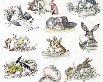 ITD Collection Rice Paper for Decoupage R2168, Size A4 - 210x297 mm, 8.27x11. inc, Vintage, Shabby Easter Bunnies, Rabbits, Easter Eggs