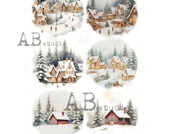 AB Studio Rice Pape,r Decoupage Christmas Winter Villages, Snow Scenes, Ornament Rounds, Mixed Media, A4 8.27 X 11.6