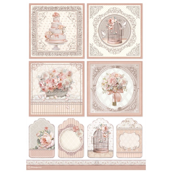 Stamperia  A4 Rice paper Decoupage Shabby Chic, You and me cards, Wedding, Cake, Flowers, Bird Cage, Tags, 8.3" X 11.7" DFSA4694, Imported