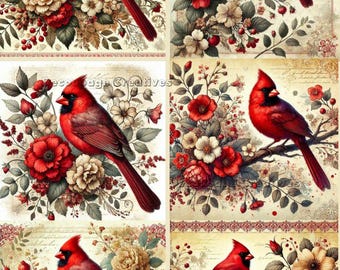 Decoupage Creatives, Rice Paper, Mixed Media, Red Floral Cardinals, Spring, Cards, Flowers,A4 8.27 X 11.69, DPD-756