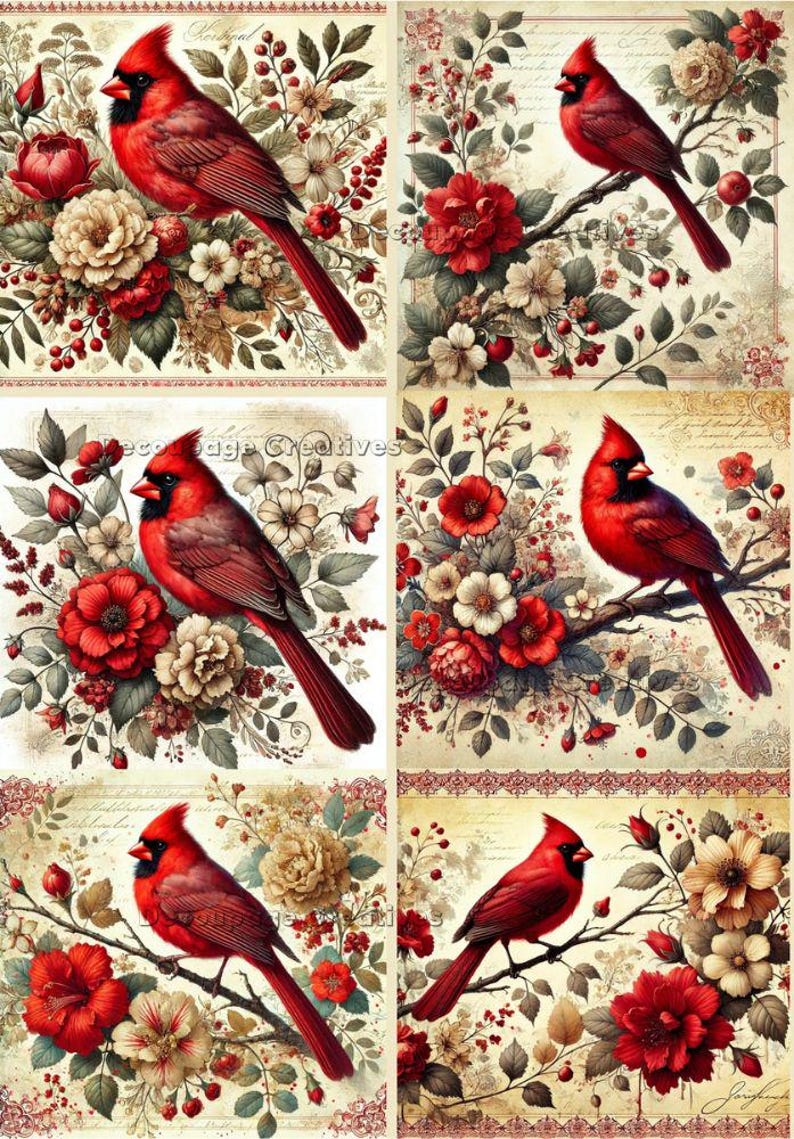 Decoupage Creatives, Rice Paper, Mixed Media, Red Floral Cardinals ...