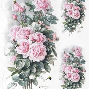 ITD Collection, Rice Paper, Decoupage,  R1209, A4 - 8.27x11.7 , Shabby Chic, Vintage, flowers, pink roses, rose Mixed Media