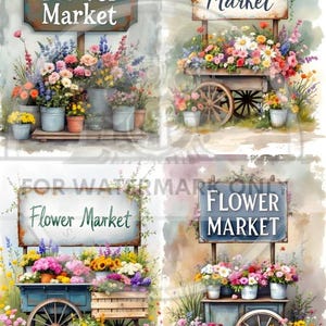 Decoupage Central, papier de riz, marché aux fleurs, carrés, campagne, shabby chic, carrés, DC726, découpage, techniques mixtes, A4, 8,27 x 11,69 pouces