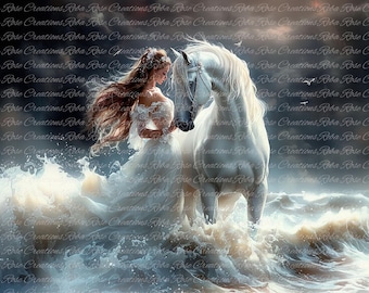 Reba Rose Creations Tissue Paper for Decoupage, White Horse, Lady in Ocean Waves, Shabby Chic, 20"x30" | Mixed Media, DIY Craft Supplies