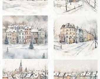 May include: A set of four watercolor illustrations featuring winter scenes of European-style buildings in a snowy village. The illustrations are in a soft, muted color palette with shades of gray, white, and blue.