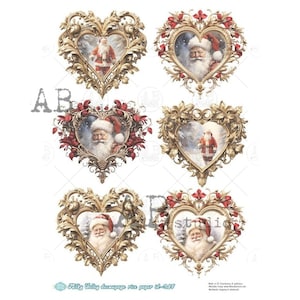 May include: Six vintage-style heart-shaped frames with ornate gold trim and red accents. Each frame features a different image of Santa Claus. The frames are perfect for adding a touch of holiday cheer to your home decor.