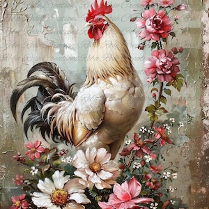Reba Rose Creations, papier de riz pour découpage, techniques mixtes, français, coq, fleurs, shabby chic, style vintage, 1641, A4 8,27 x 11,6