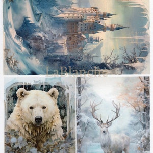 LaBlanche, édition hiver 2024, papier de riz, beau, Frosty Winter 4, château, cerf, ours polaire, shabby chic, LBD378, A4 8,27 X 11,69 po