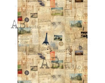 Puede incluir: Un papel de arroz de decoupage de estilo vintage con un collage de imágenes y texto, incluyendo la Torre Eiffel, postales antiguas y notas escritas a mano. El papel tiene un fondo beige con acentos marrones y rojos.
