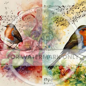 Décoration centrale, Aquarelle, Oiseaux, Fleurs, Partitions, Notes de musique, DC603, Papier de riz, Technique de découpage, Technique mixte, A4 8,27 x 11,69