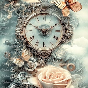 Reba Rose Creations, papier de riz pour découpage, techniques mixtes, horloge, roses roses, steampunk, shabby chic, A4 8,27 x 11,6