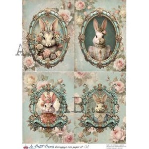 AB Studio, La Petit Paris, Rice Paper, Easter, Rabbits, Vintage, Shabby Chic, Background, Wallpaper, Decoupage, Mixed Media, A4 8.27 x 11.69