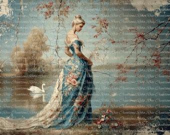 Papel de seda Reba Rose Creations para decoupage / Lago de los cisnes, Dama victoriana, Inspiración vintage 20"x30" / Técnica mixta, Materiales para manualidades DIY