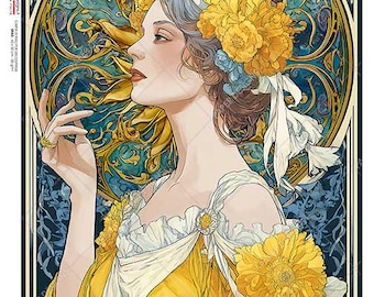 Diseños de papel: Papeles de arroz italianos, estilo Art Nouveau, retrato de mujer de perfil, amarillo y azul, decoupage, técnica mixta, A4