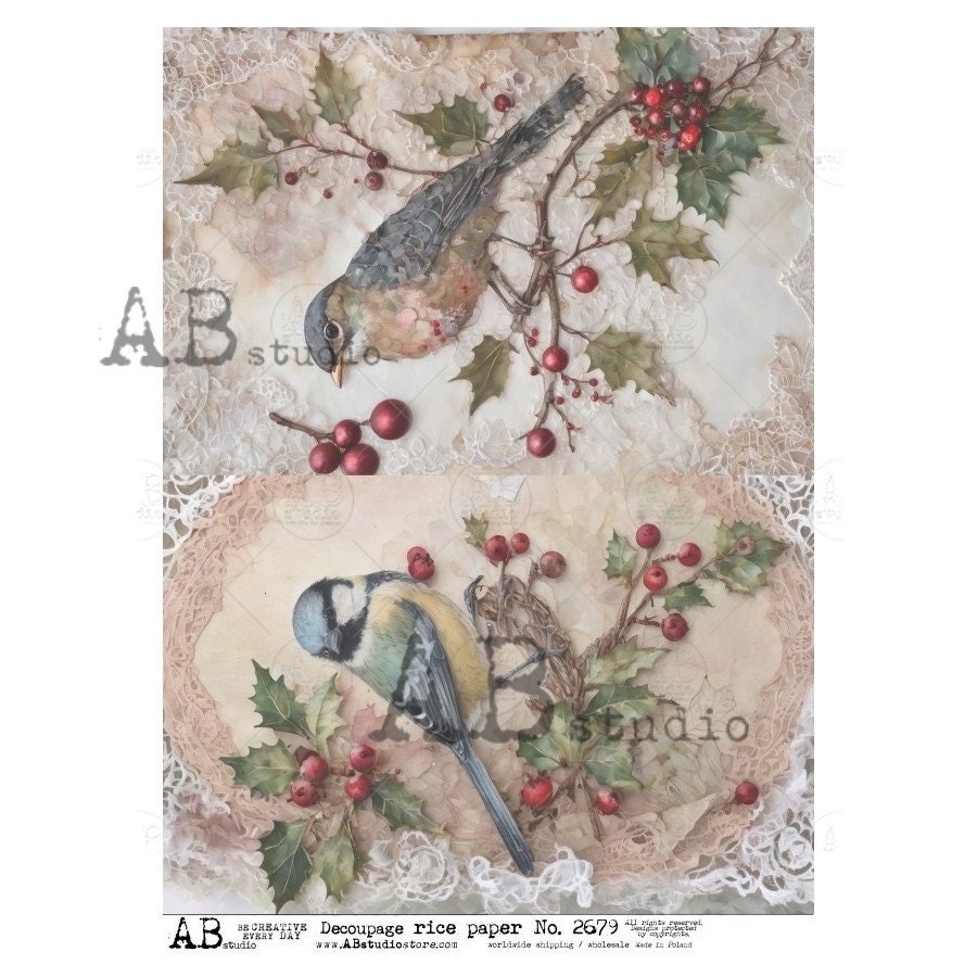 AB Studio, Rice Paper, Shabby Chic, Christmas, Blue Birds, Holly, Berri ...