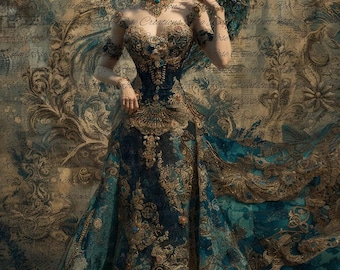 Reba Rose Rice Paper for Decoupage, Blue and Gold Lady with Peacock, Mixed Media, A4, 8.27 X 11.6