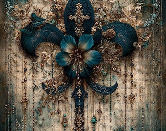 Reba Rose Rice Paper for Decoupage, Blue and Gold Fleur De Lis, Florals, Mixed Media, A4, 8.27 X 11.6