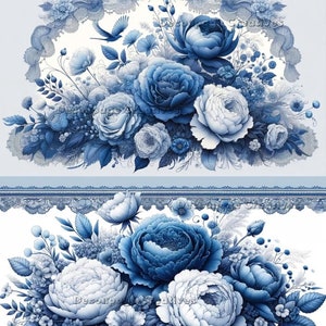 Objets créatifs pour découpage, papier de riz pour découpage, techniques mixtes, printemps, pivoine bleue, dentelle, shabby chic, fleurs, carrés A4 8,27 x 11,6 DPD480