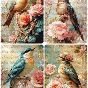 Reba Rose Creations, papier de riz pour découpage, techniques mixtes, roses roses, oiseaux, carrés, shabby chic, style vintage, 1737 A4 8,27 x 11,6