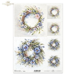 Collection ITD, papier de riz, découpage, couronnes de brindilles de fleurs, fleurs, carrés, couronnes, R2396 A4, supports mixtes 8,27 x 11,7