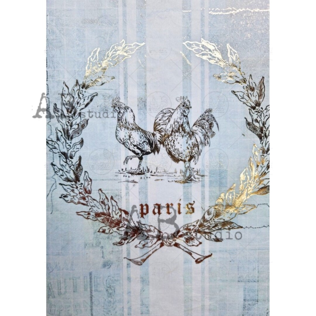 AB Studio Shabby Chic Roosters Print Color Plus Gold Gilded Rice Paper ...