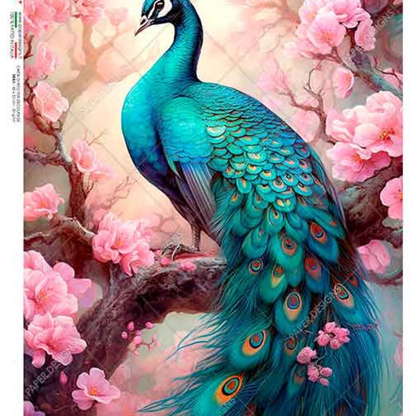 Paper Designs, 2024 Spring Release, Bright, Floral, Peacock, Rice Paper, Decoupage, Mixed  Media, 0235 A4 8.3" X 11.7"