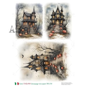 May include: Watercolor illustrations of haunted houses with jack-o'-lanterns, bats, and bare trees. The images have a spooky, vintage aesthetic, perfect for Halloween-themed crafts. The text "Carte Italiano decoupage rice paper NO.578" is visible.