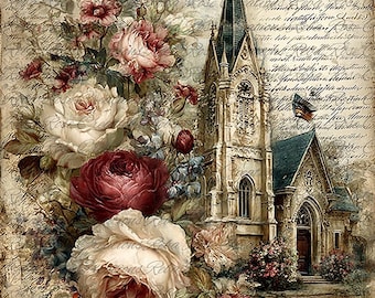 Reba Rose Rice Paper for Decoupage, Colorful Roses, Country Church, Mixed Media, A4, 8.27 X 11.6