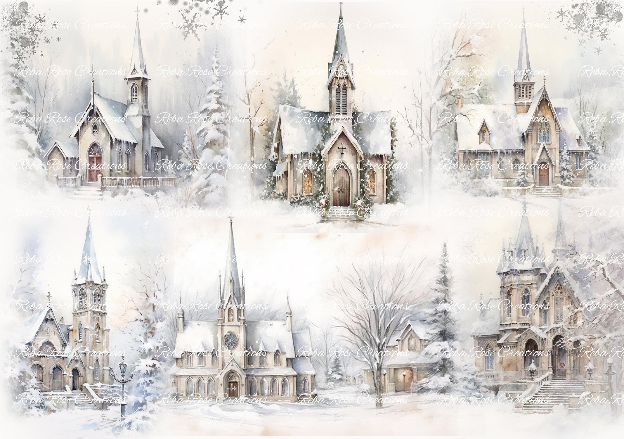 Reba Rose Creations, Rice Paper for Decoupage, Mixed Media, Winter Churches, Squares, Christmas, Snow Landscape, A3-85, 11.7 x 16.5