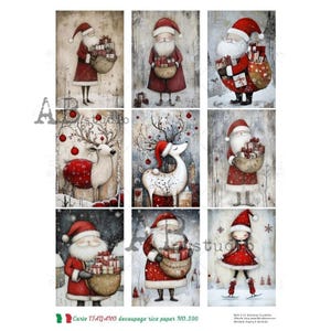 May include: A collage of nine Christmas-themed illustrations. Santa Claus figures in red coats and hats carry gifts. Reindeer with red ornaments and a girl in a red dress are also featured. The text "Carte Italiano decoupage rice paper NO.596" is at the bottom.