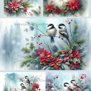 Objets créatifs pour découpage, Papier de riz, Noël, mésanges, oiseaux, poinsettia, carrés, shabby chic, techniques mixtes, A4 8,27 x 11,69 DPD624