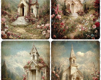 Reba Rose Reispapier für Decoupage, Mixed Media, Kirchen auf dem Land, Quadrate, Shabby Chic, 1964, A4 8.27 X 11.6