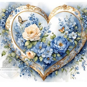 Découpage central, coeur bleu, fleurs, papillons, vintage, style shabby chic, DC518, papier de riz, découpage, techniques mixtes, A4 8,27 x 11,69