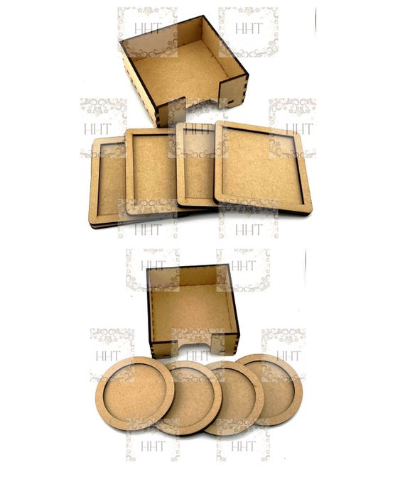 Laser Cut MDF, Coaster Set, Craft, Base, Blank, Canvas, Framed, Coaster Set, Holder, Decoupage Mixed Media, Paintable, Square, Round