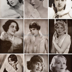 Könnte beinhalten: Eine Collage aus neun Schwarzweißfotos von Frauen aus den 1920er Jahren mit modischen Frisuren und Kleidung.