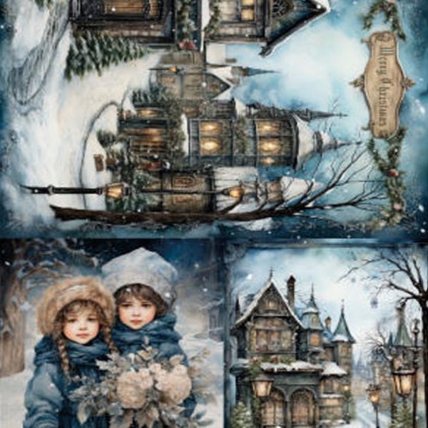 LaBlanche, 2023 Winter Release, Reispapier, Weihnachten, Vintage, Mädchen, Winter, Häuser im viktorianischen Stil, Schnee, LBD336, A4 20 X 11.69 in