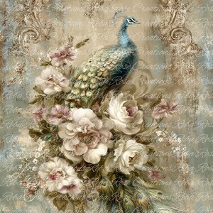 Reba Rose Creations, papier de riz pour découpage, bleu givré, paon, fleurs, shabby chic, techniques mixtes, 1981, A4, 8,27 x 11,6
