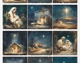 May include: A sheet of rice paper featuring twelve distinct rectangular illustrations of nativity scenes and Christmas themes in dark blue and gold tones. The sheet includes a barcode, the text R2865, and measures 210x297 mm.