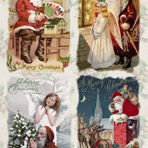 May include: Four vintage Christmas postcards featuring Santa Claus, angels, and a winter scene. The postcards have a holly border and include the text "A Merry Christmas" and "A Happy Christmas".