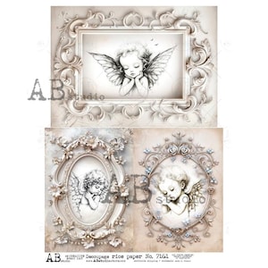 May include: Decoupage rice paper featuring three images of cherubs with wings. The cherubs are in ornate frames with floral and scrollwork details. The top image is rectangular, while the bottom two are oval and round. The paper has a vintage, antique aesthetic.