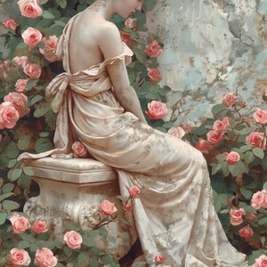 LaBlanche, papier de riz, style vintage, statue romaine, jardin, roses roses, shabby chic, LBD359, A4 8,27 X 11,69 pouces