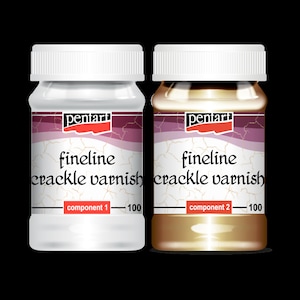 Może przedstawiać: Dwie butelki lakieru do craquel&eacute; Pentart Fine Line, jedna biała, a druga złota, oznaczone odpowiednio "składnik 1" i "składnik 2". Każda butelka zawiera 100 ml lakieru.