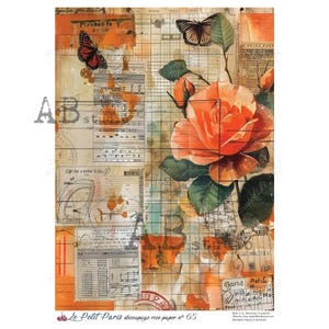 AB Studio, La Petit Paris, Papel de Arroz, Melocotón, Impresión de Periódico, Mariposa, Vintage, Rosa, Estilo Antiguo, Decoupage, Técnica Mixta A4 8,27 x 11,69