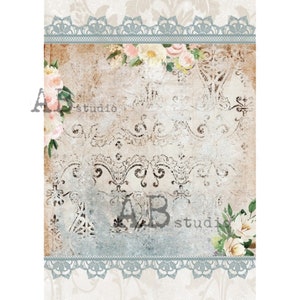 AB Studio, Rice Paper for Decoupage, Romantic Rice Paper, Vintage Style, Shabby Chic, Lace, Roses, Wallpaper, 1821, A4 - 8.27 X 11.69