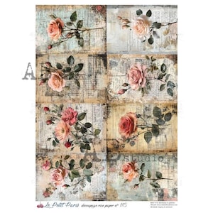 AB Studio, La Petit Paris, papier de riz, roses, impression d'anciens journaux, étiquettes, carrés, shabby chic, découpage, techniques mixtes, A4 8,27 x 11,69, LP-115