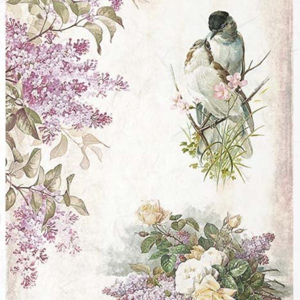ITD Collection Rice Paper for Decoupage R1174, Size A4 - 210x297 mm, 8.27x11.7 inch, birds, flowers, lilacs, love birds