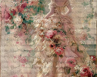 Reba Rose Rice Paper Decoupage | Victorian Lady Roses, Romantic Flowing Dress | A3 11.7 x 16.5 Mixed Media, Furniture Upcycle
