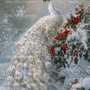 Reba Rose Creations, Papier de riz pour découpage, Noël, paon, baies de houx, neige, shabby chic, techniques mixtes, 1372, A4, 8,27 x 11,6