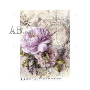 AB Studio, papier de riz, fleurs de style vintage, violet, pivoine, horloge, shabby chic, découpage, techniques mixtes, ID-4963, A4, 8,27 x 11,69